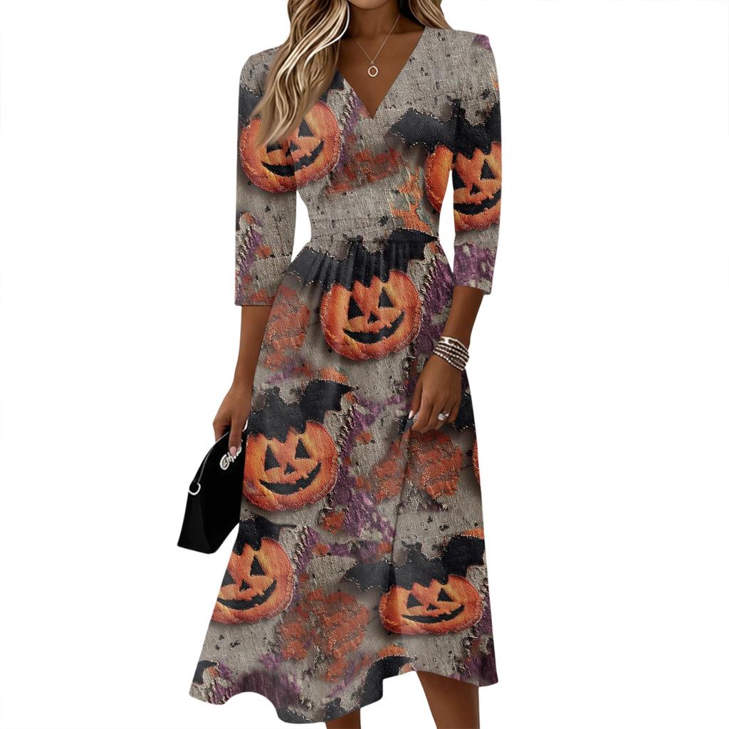 Women's Casual Three-Quarter Sleeve V-Neck Dress with Back Zipper for Stylish Everyday Wear