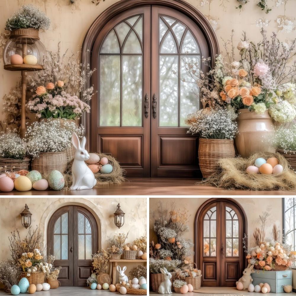 Easter Backdrop Wooden Door Indoor Flower Egg Easter Children's Birthday Baby Shower Party Decor Portrait Photography Background