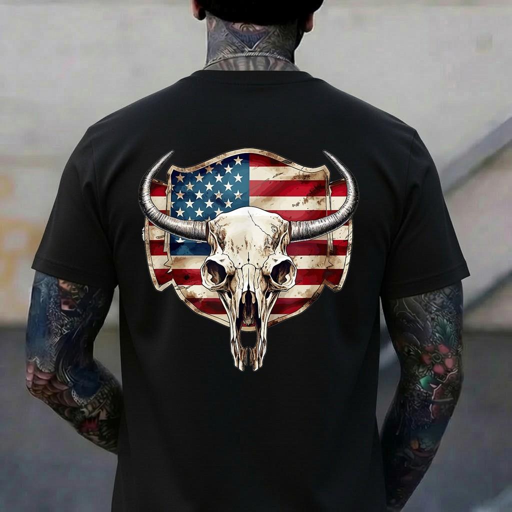 Vintage Cow Bull Cattle Skull Head Western Patriotic US-Flag T-Shirt L
