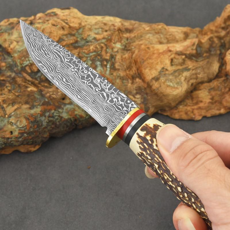 Outdoormesser Damaskus Gemusterter Griff aus Knochenimitat Fleischschneiden Innere Mongolei Fleischmesser D3 Gerades Messer