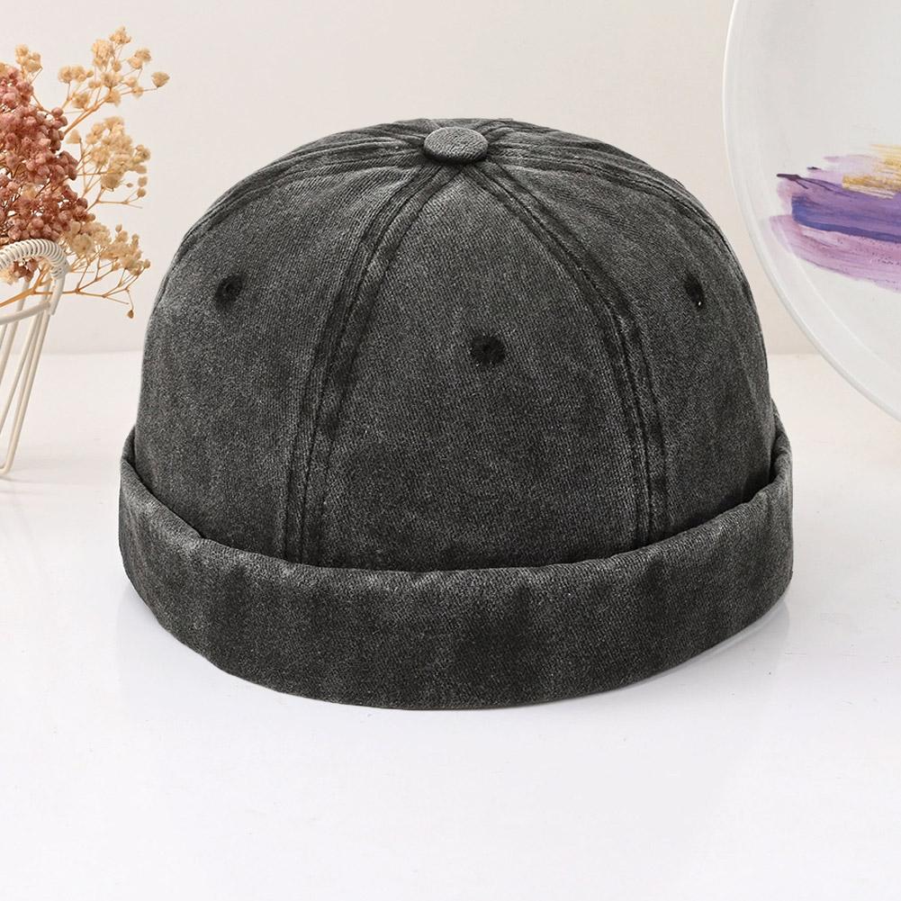 Retro Washed Cotton Brimless Hats for Men Vintage Docker Beanie Cap Rolled Cuff Skullcap Solid Color Adjustable Buckle Dad Hat