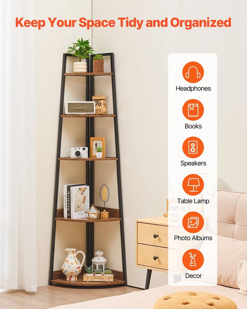 5 Tier Corner Shelf, Tall Corner Bookshelf Plant Rack, Wall Shelves Tower Storage Organizer with Metal Frame & Wooden Shelves, Narrow Display Book