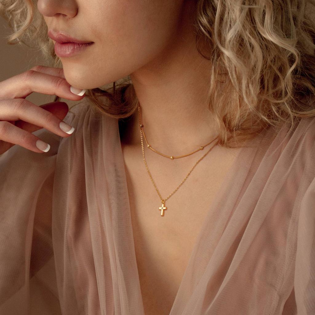 Collier double croix pour femmes, collier en Zircon plaqué or 18 carats, collier de perles rondes