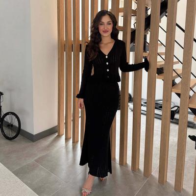2025 Autumn Women's V-Neck Knitted Top & Midi Skirt Set
