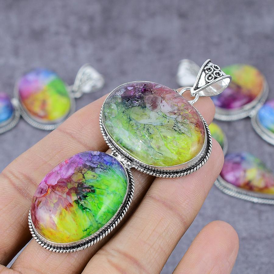 Natural Rainbow Solar Quartz Gemstone 925 Sterling Silver Pendant 3.31" P6k22