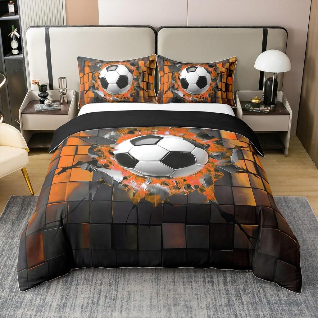 Soccer Bedding Set,Football Lover Sports Game Duvet Cover Double for Kids Teens Adults,3D Check Quilt Cover Set with Pillowcase