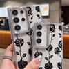 Retro Flowers Black Rose Print Case For Samsung S26 S25 Ultra S24 S23 S22 S21 FE A15 A35 A55 A16 A26 A36 A56 A17 A37 A57 5G Plating Lens Soft Cover
