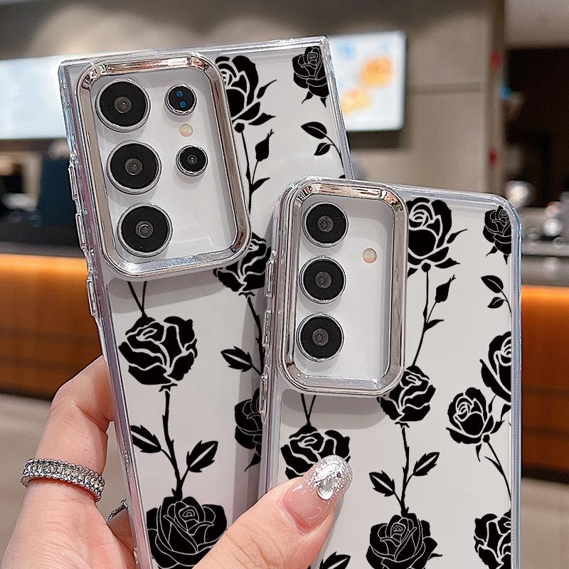 Retro Flowers Black Rose Print Case For Samsung S26 S25 Ultra S24 S23 S22 S21 FE A15 A35 A55 A16 A26 A36 A56 A17 A37 A57 5G Plating Lens Soft Cover