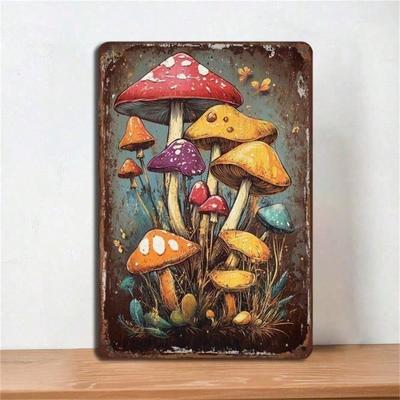 Decor Drop Vintage Mushroom Aluminum Wall Art, Distressed Rustic Metal Sign with Polka Dots, Kitchen Garden Home Decor, Housewar