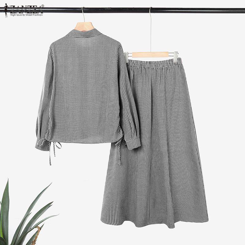 ZANZEA Women Long Sleeve Blouse and Long Skirts Plaid Print Two Piece Suit Sets