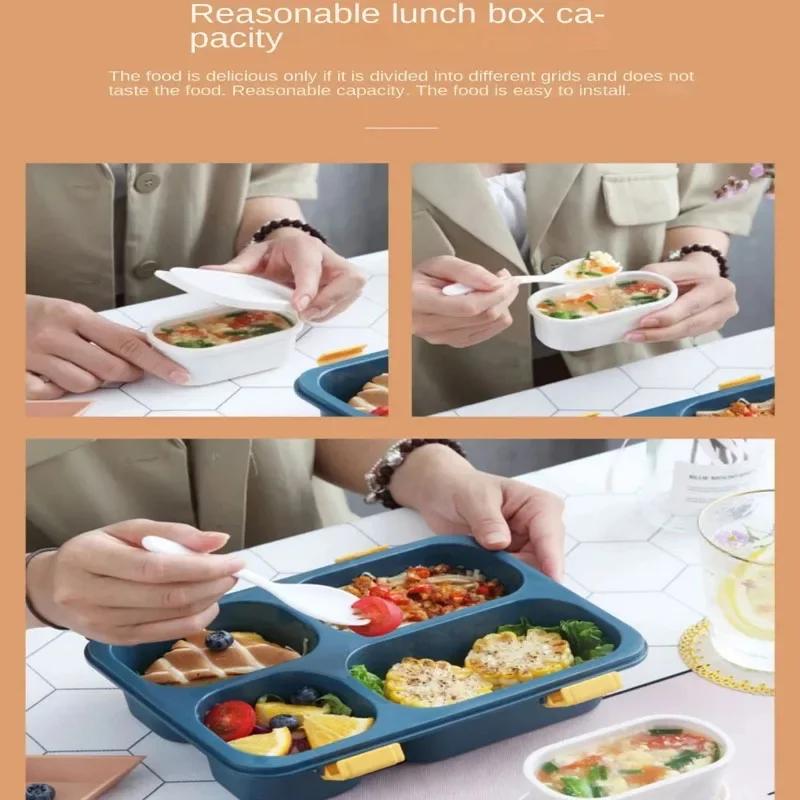 Divided Bento Box for Students Three Divided Lunch Box Covered Soup Box Plastic Kitchen Tableware Microwave Sealed Lunch Box