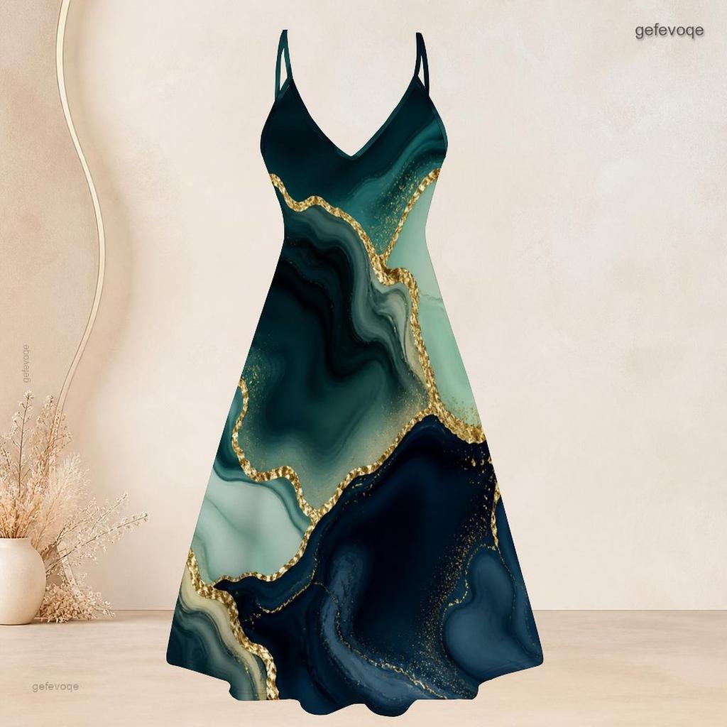 Women Plus Size Two Piece Set Marble Printed Short Sleeve Cardigan V Neck Strappy Flared Dress