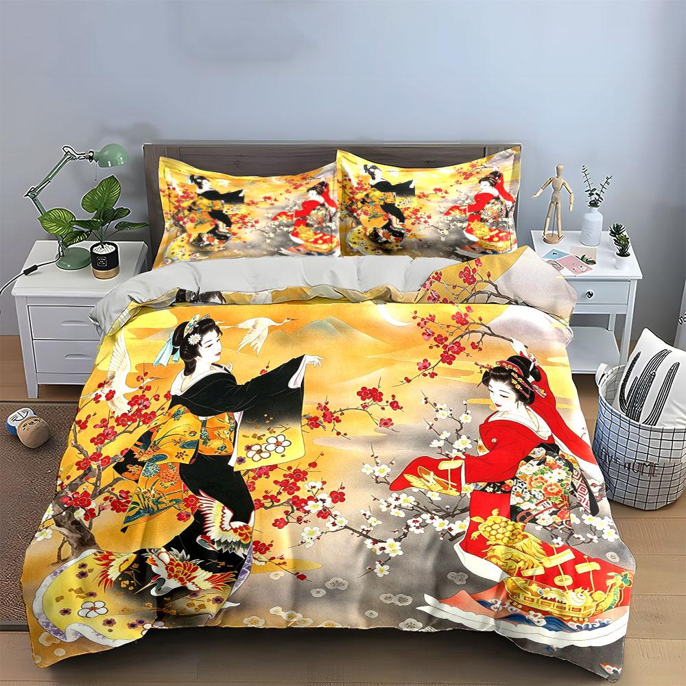 Vintage Japanese Two Geisha Crane Plum Blossom Bedding Set 3pcs Classic Ukiyo-e Mountain Print 1 Duvet Cover And 2 Pillowcase