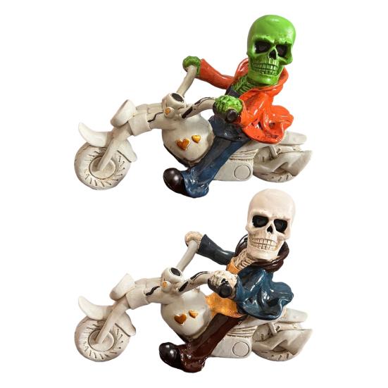 Unique Motorcycle Enthusiast Gift Halloween Skeleton Riding Figurine, Gothic Spooky Statue for Home Gifts Skull Collectors Garden, Resin Biker