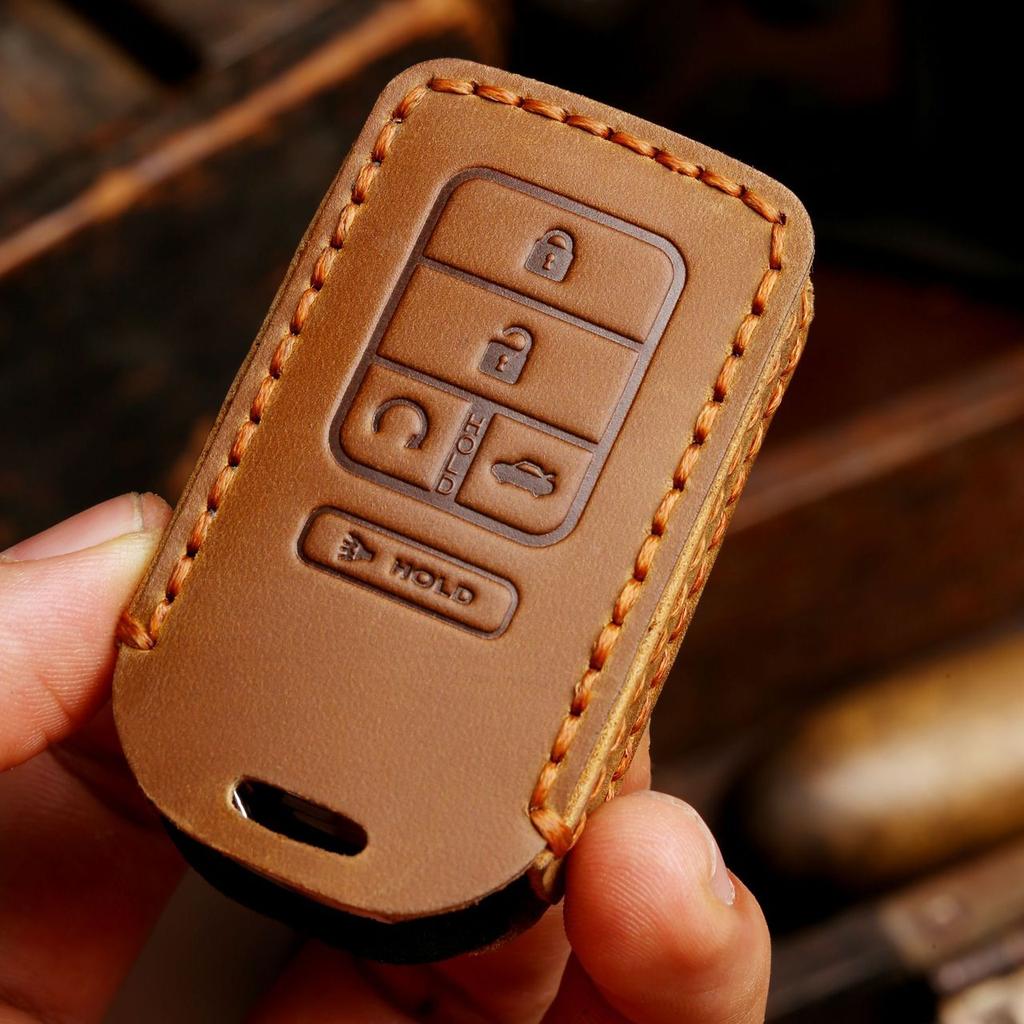 Leather Car Fob Key Cover Case Set for Honda Accord Civic Pilot Fit Smart Remote Keychain Accessories Holder Shell Protector