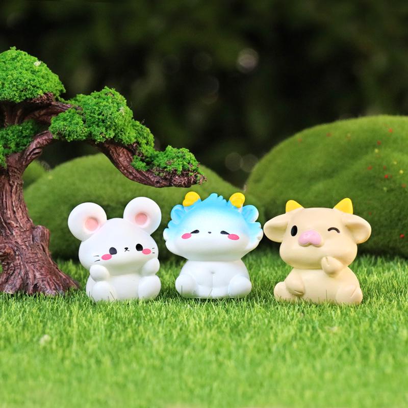 Cartoon Zodiac Animals Resin Figurines: Rat, Ox, Tiger, Rabbit, Dragon, Snake, Horse, Sheep