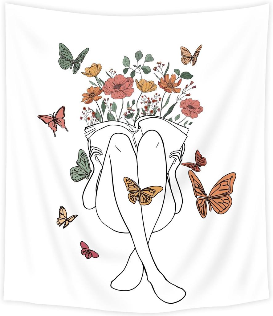Abstract Woman Face Tapestry Floral Leaves Butterfly Art Line Lady Beige Black Flower Aesthetic Modern Sketch Minimalist Simple