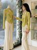 Ruffle Tie V-Neck Long Sleeve Green Slimming Casual T-shirt for Women