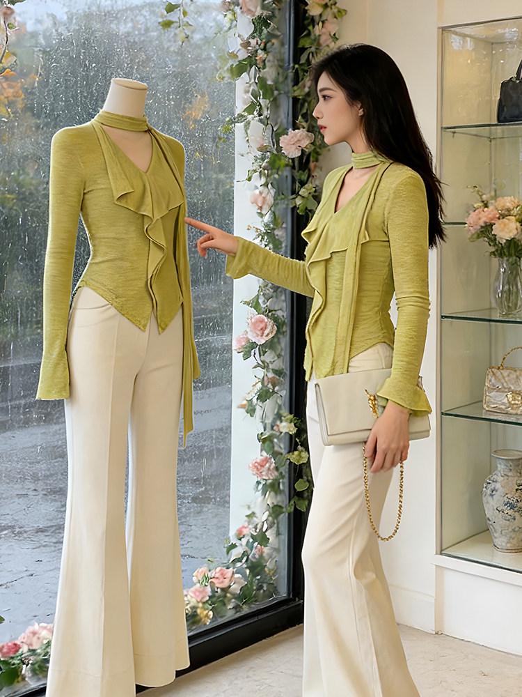 Ruffle Tie V-Neck Long Sleeve Green Slimming Casual T-shirt for Women