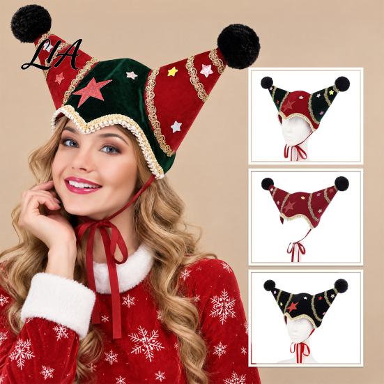 Holiday Photo Booth Decorations Christmas Jester Hat, Velvet Star Clown Hat with Gold Trim Pom Retro Style Performance Headpiece Poms, Adjustable Tie,
