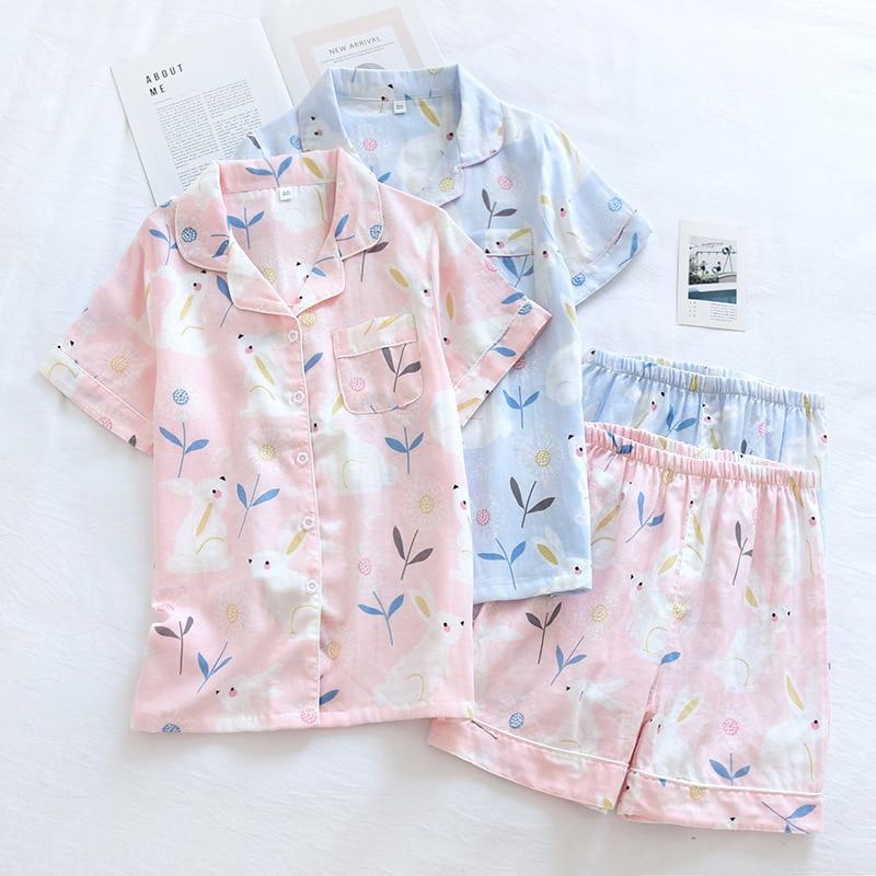 Japonská jednoduchá krátká pyžama dámská 100% bavlna krátké rukávy dámské pyžamové soupravy šortky Roztomilé kreslené oblečení na spaní dámské domácí oblečení