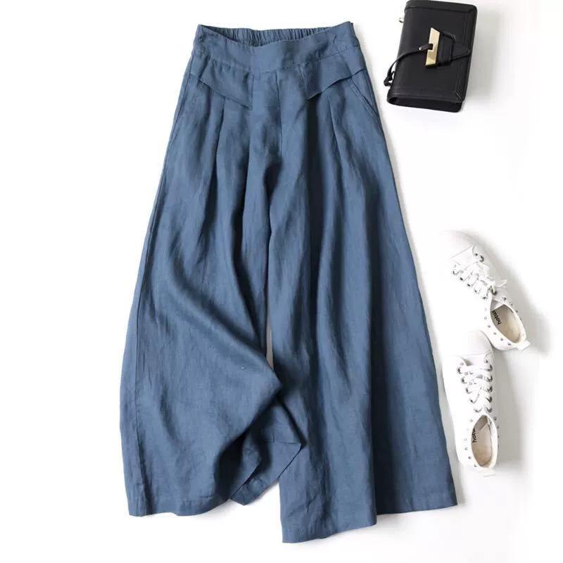 Women's Summer Cotton Linen Elastic Waist Wide-Leg Retro Pants