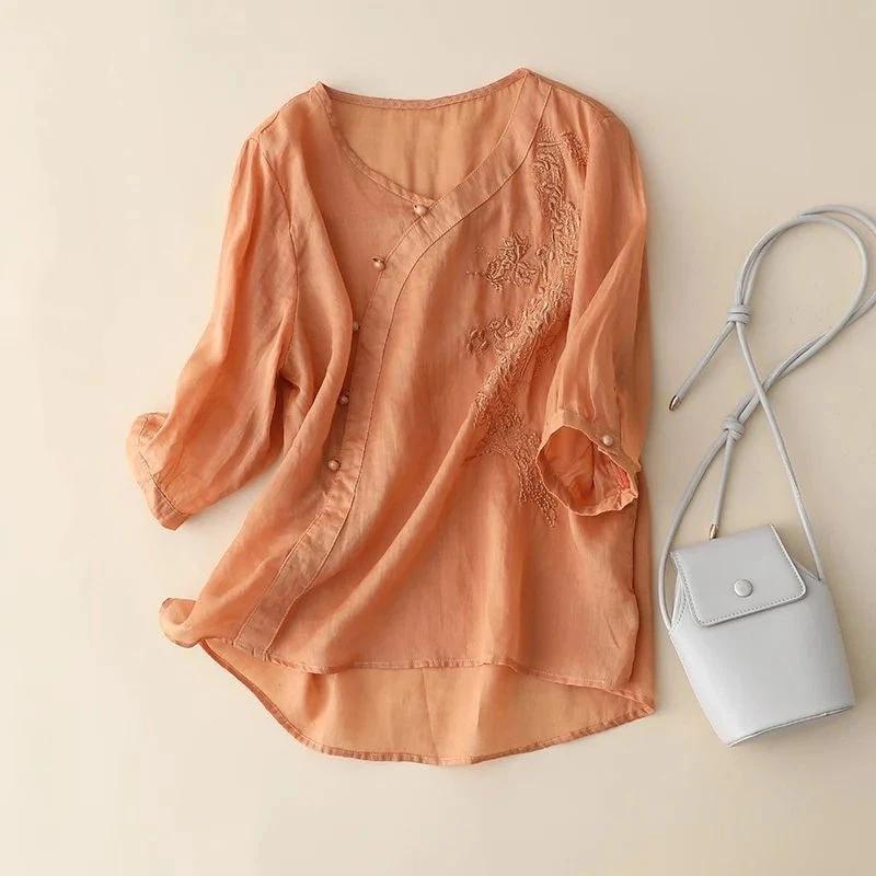 Women Floral Embroidered Asymmetric Placket V Neck Three Quarter Sleeve Linen Blend Blouse M оранжевый