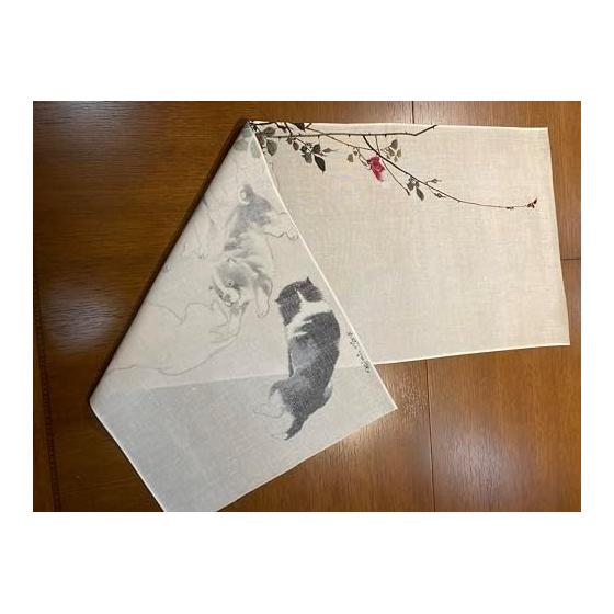 Tenugui Towel - Nagasawa Rosetsu "Roses, Butterflies, and Dogs" Vertical Pattern, 100% Cotton, Japan's Finest Tokka Fabric