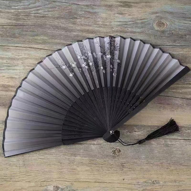 Chinese Japanese Flower Print Folding Silk Bamboo Fan Ornament Art Craft Gift Wedding Dance Performance Hand Fan