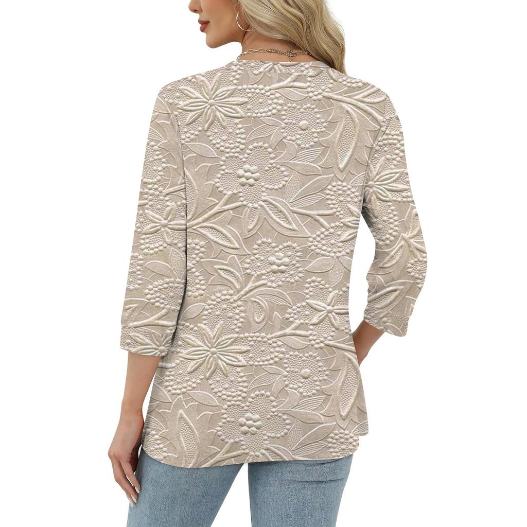 Women's Fashion Casual Round Neck 3/4 Sleeve Loose  Printed T-Shirt Ladies Top