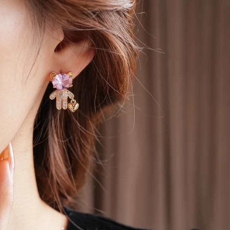 Zinc Alloy Zinc Alloy Needle Zircon Bear Love Earrings for Women High-end Asymmetric Stud Earring Fashionable Versatile Sweet Zircon