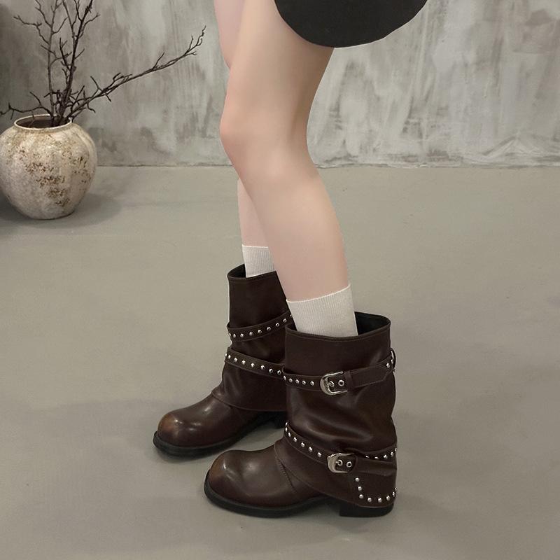 Women'S Shoes New Early Autumn Retro Metal Adjustable Height Increase Soft Dough Old Style Short Tube Western Knight Boots Women
