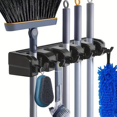 Wall Mounted Mop Holder 5 Position Multi-Functional Broom Hanger Shelf Home Kitchen Storage Black Magic Plastic Mop Holder