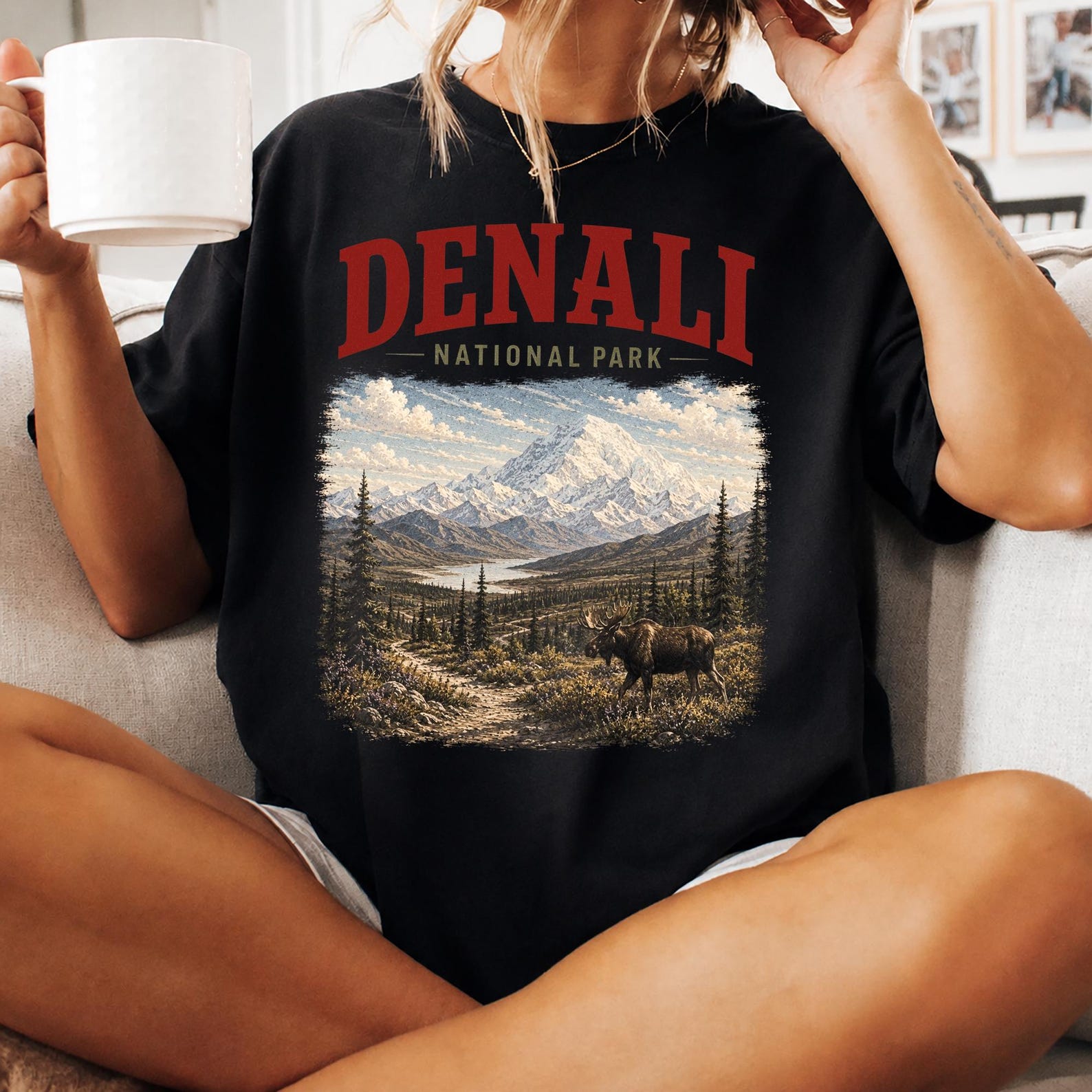 Denali National Park Shirt, Alaska Wilderness Mountain Tee, Vintage Moose Wildlife Graphic, Hiking Adventure Nature Lover Gift S