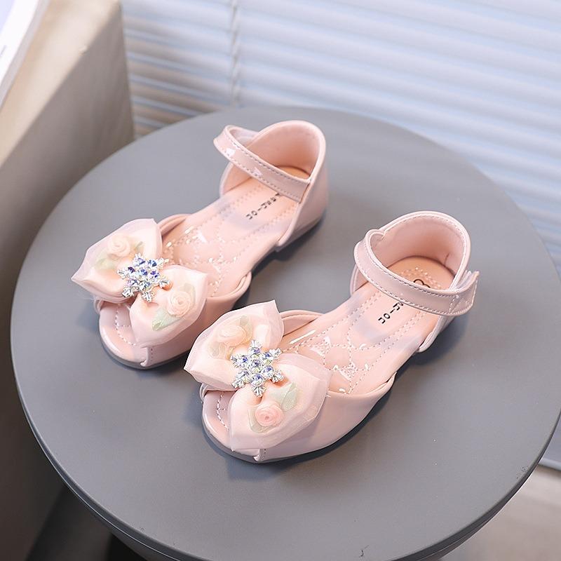 Girls' Rose Ribbon Bow and Rhinestone-Decorated Patent Leather Soft-Sole Princess Shoes / Fish-Mouth Children's Princess Sandals