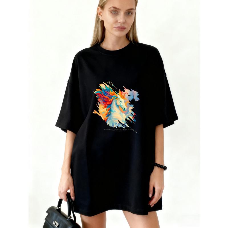 Oversized T Shirt Dress Black Colorful Horse Print With Text For Casual Wear S