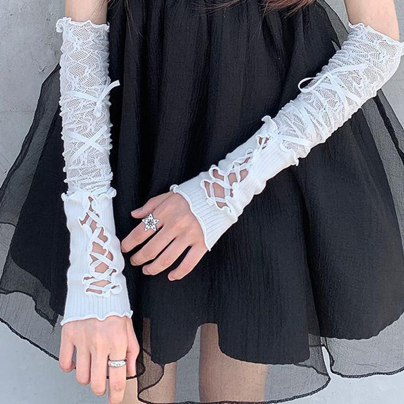 1Pieces Lolita Strapping Bow Fishnet Lace Fingerless Gloves Floral Elastic Mesh Handwear Mountaineering Gloves