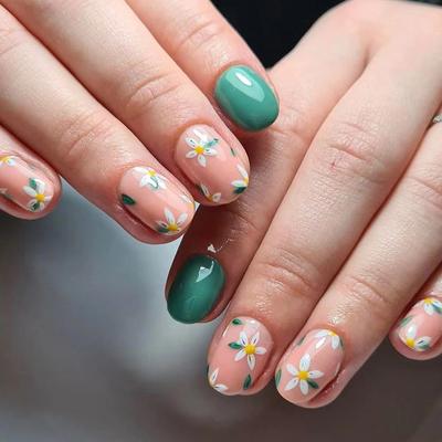 24 bucăți de unghii cu flori de margaretă verde, bucată de artă pentru unghii, drăguță, proaspătă, bucată de unghii false