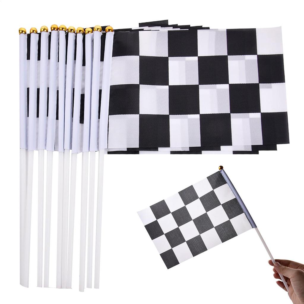 10Pcs Checkered Racing Polyester Flags with Stick Black and White Hand Flag
