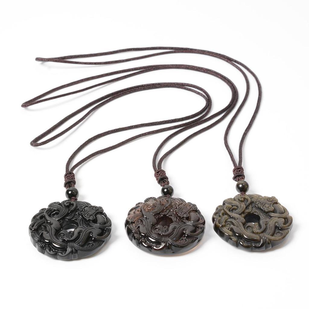 Unisex Obsidian Pixiu Grass Dragon Pendant - Crystal Ice Gold Black Peace Buckle