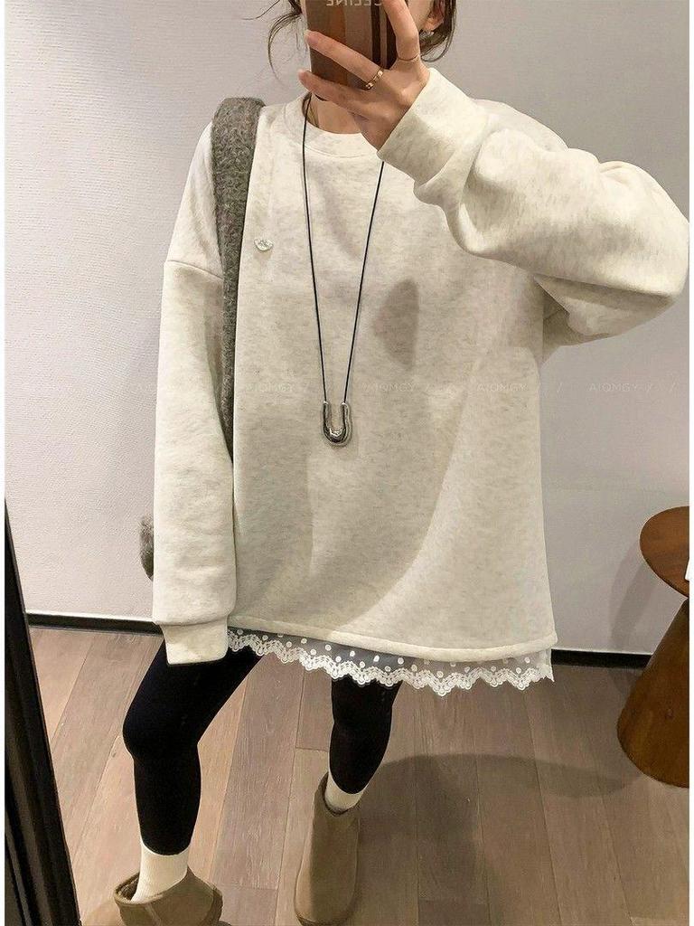 Women's Korean Lace Trim Round Neck Fleece Sweatshirt - Winter Mid-Length Loose Fit
