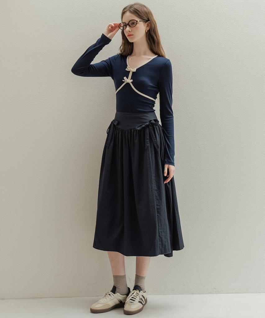 Rotre Domin Shirring Ribbon Navy Skirt