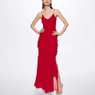 Elegant European & American Backless Spaghetti Strap Chiffon Dress with Slit and Ruffles