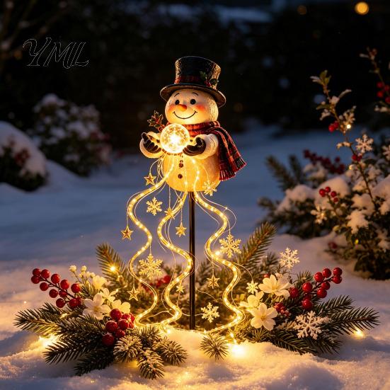 Resin Landscape Lighting for Courtyard Solar Snowman Water Fountain Garden Light, Glowing Yard Lamp with Magic Accents Terrace Effect, Outdoor Statue
