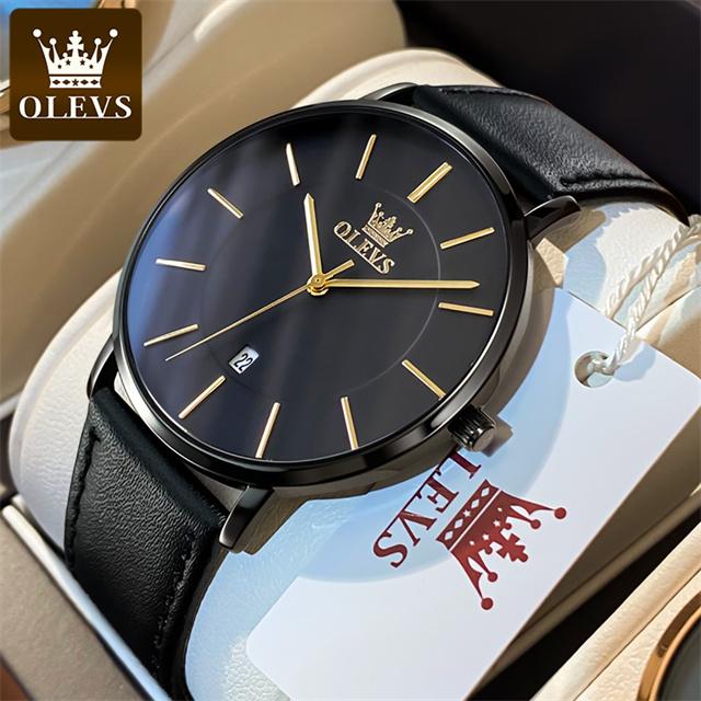 OLEVS 5869 Ultra Thin 6.5mm Minimalist Fashion Quartz Watch for Men Leather Strap Auto Date Male Waterproof Men's Wristwatches