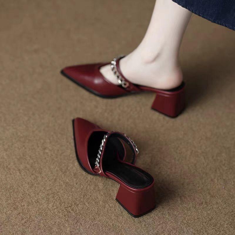 

Fashion Summer New Baotou Sandals Pointed Toe Shallow Mouth Metal Chain One Slip Strap Anti-slip Outer Wear Square Heel High Heels 34