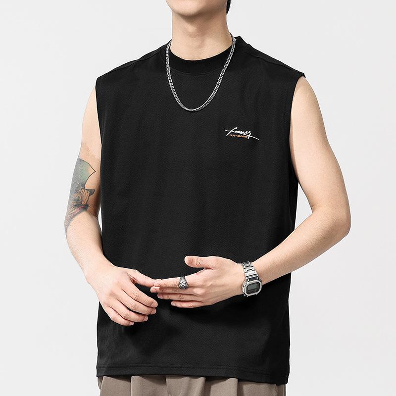 Summer Thin American English Embroidered Sleeveless Vest Mens Round Neck T-shirt Short Sleeves