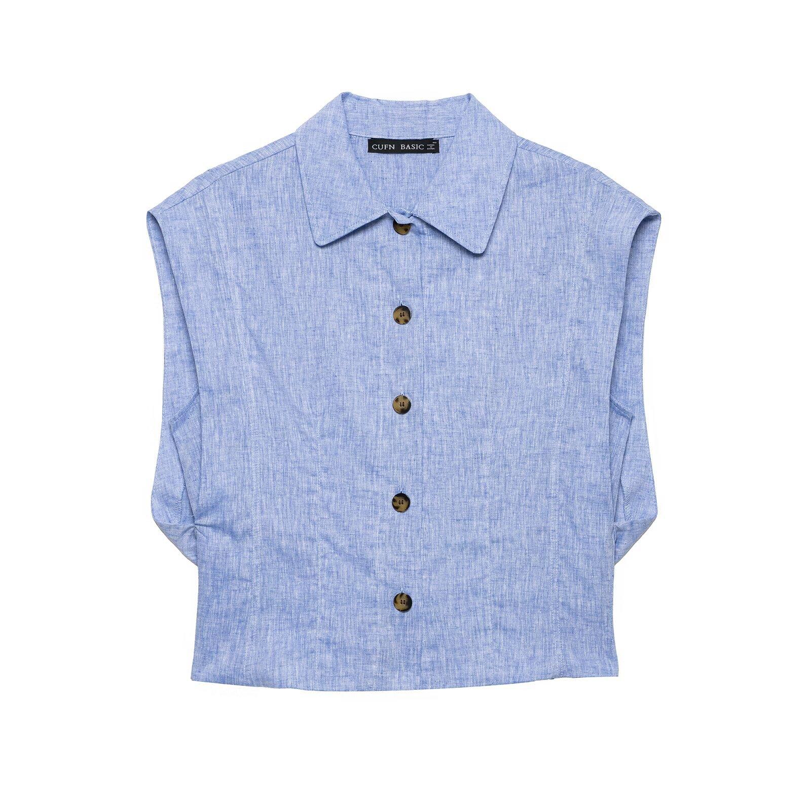 European and American style new women s fashionable collarless casual linen blend shirt XS синий
