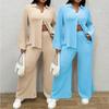 2026 Women's Clothing New Fashionable Solid Color Lapel Single-breasted Loose Long-sleeved Pleated Cardigan Top and Trousers Two-piece Set