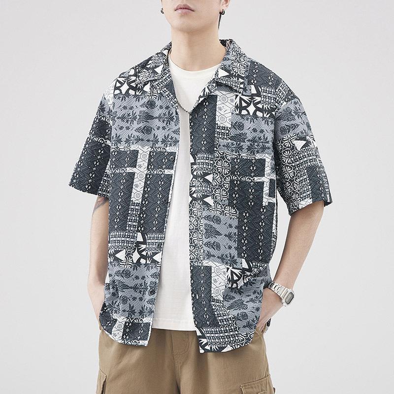 

Мужская рубашка с короткими рукавами из пряжи в стиле ретро, свободная повседневная мужская рубашка с короткими рукавами L